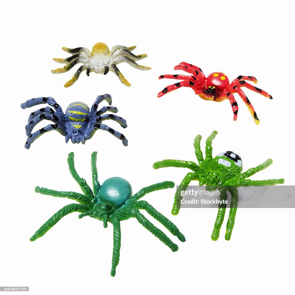 Close up of toy plastic spiders