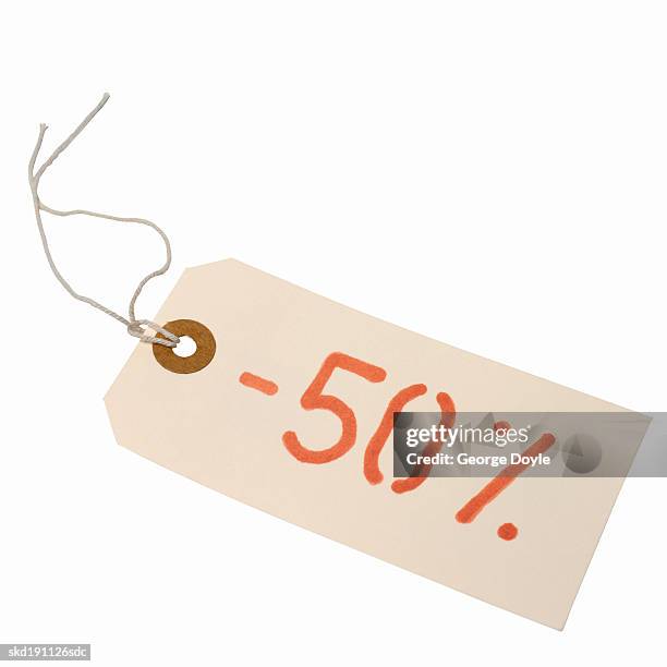 close up of a 50% discount tag - commercial event stockfoto's en -beelden