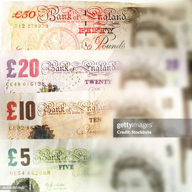 close-up of various u.k.. pound notes - 50 pound notes stock pictures, royalty-free photos & images