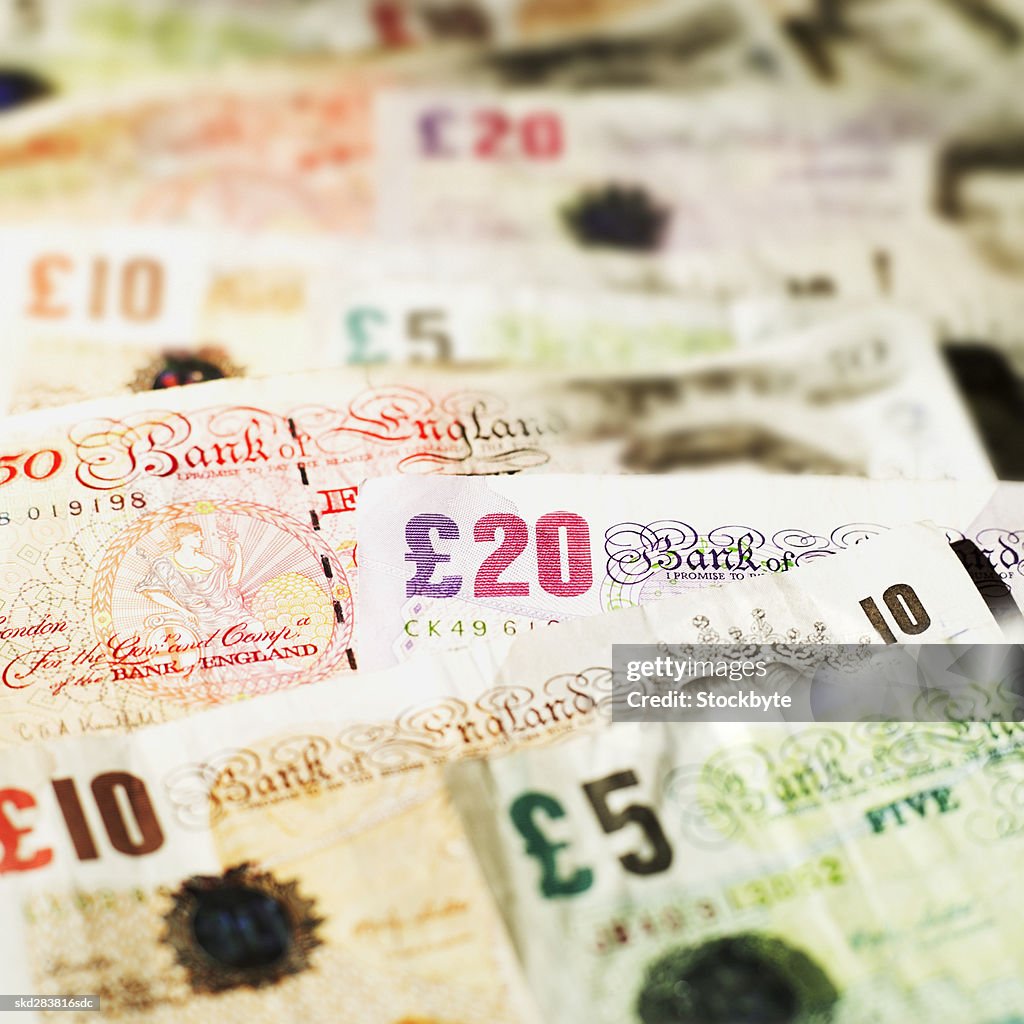Close-up of various U.K.. pound notes