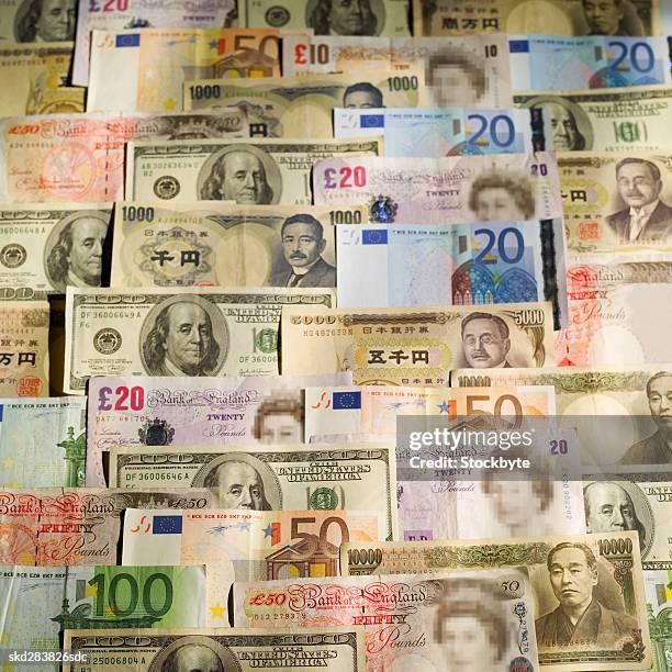 close-up of various currency bank notes - 50 pound notes stock pictures, royalty-free photos & images