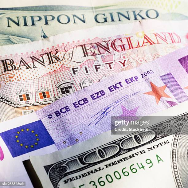 close-up of various currency bank notes - fifty pound note ストックフォトと画像