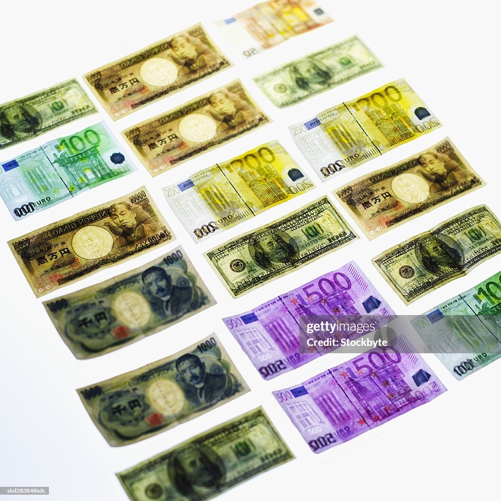 Close-up of various currency bank notes