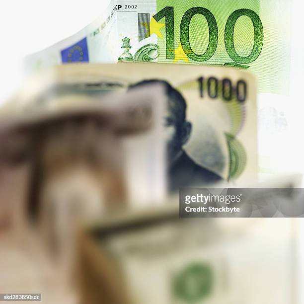 close-up of various currency bank notes - 50 pound notes stock pictures, royalty-free photos & images