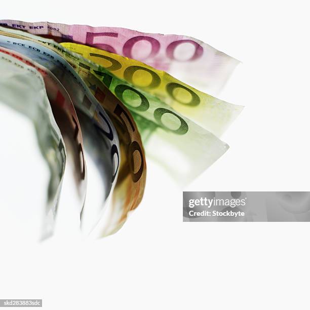 elevated view of various euro bank notes - 50 euros stock-fotos und bilder