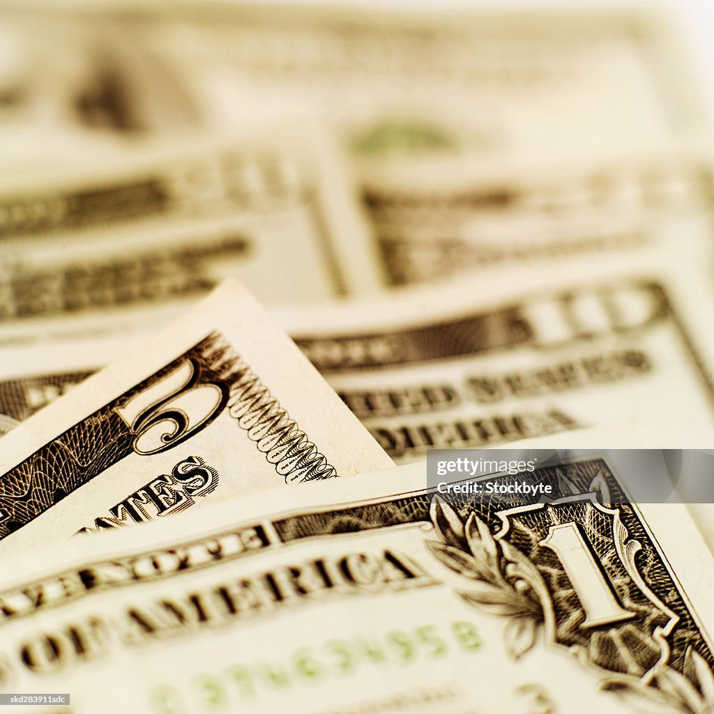 Close-up of various American dollar bills