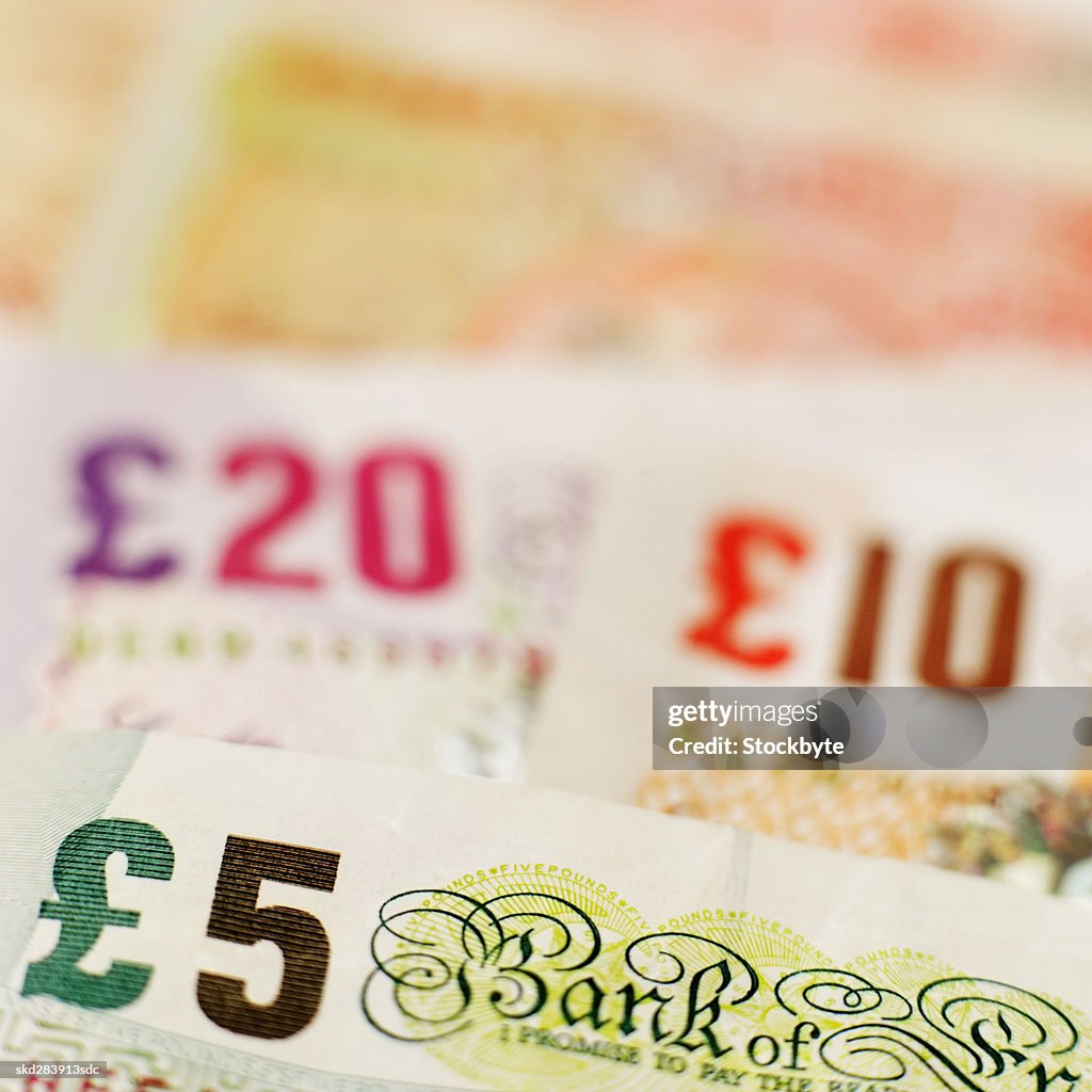 Close-up of various U.K.. pound notes