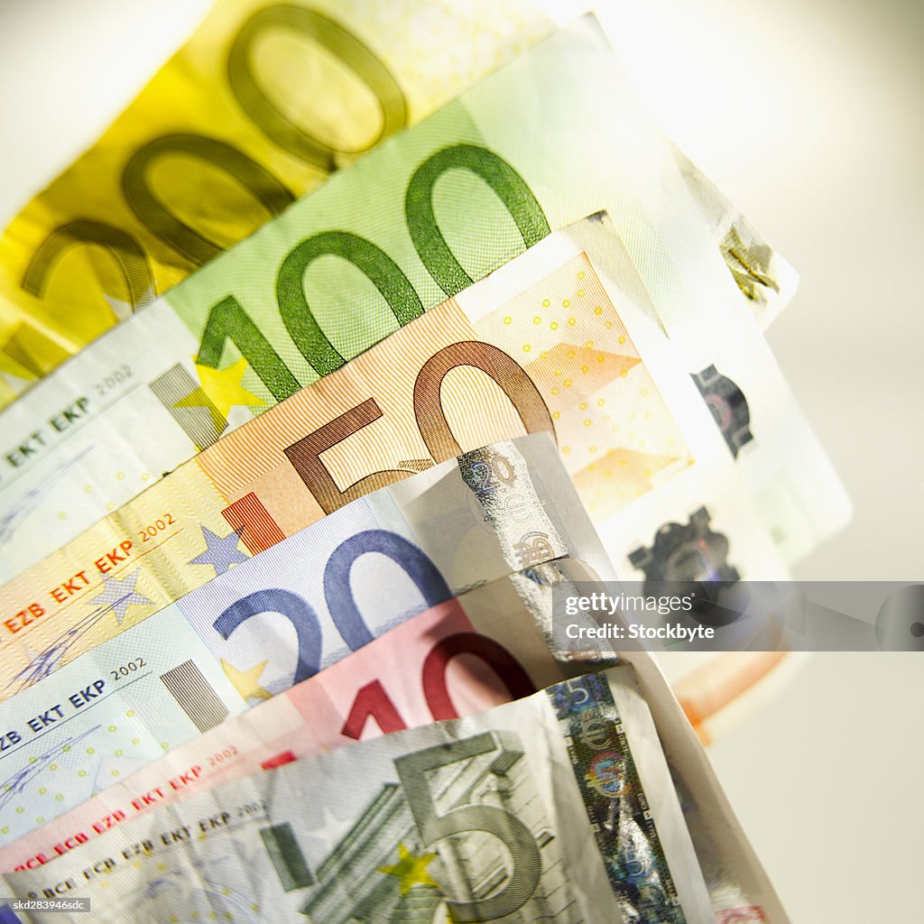 Close-up of various euro bank notes