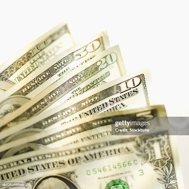 close-up of various american dollar bills - 50 dollar bill stock pictures, royalty-free photos & images