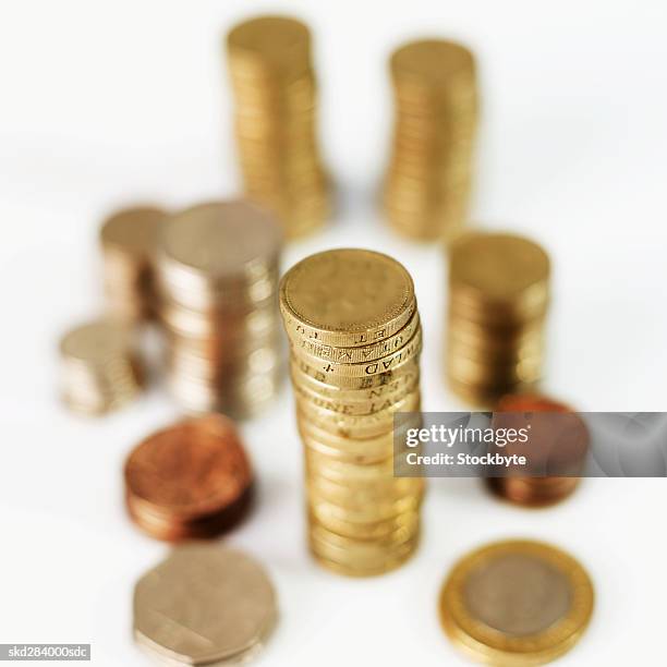close-up of stacks of u.k.. coins - tvåpencemynt bildbanksfoton och bilder