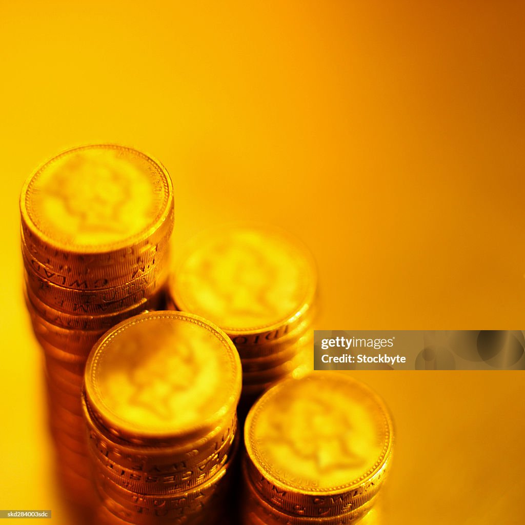 Elevated view of stacks of one pound coins