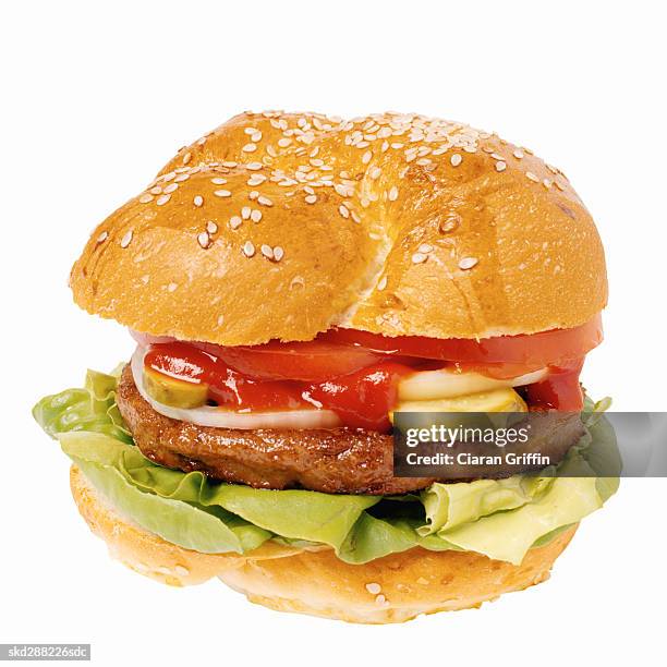 close-up of burger on kaiser roll - roll on bildbanksfoton och bilder