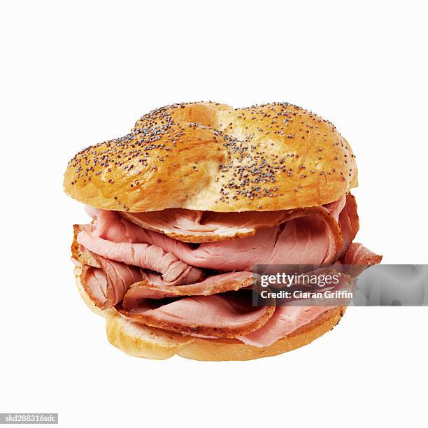 close-up of ham on kaiser roll - roll on bildbanksfoton och bilder