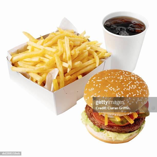 close-up of burger and french-fries with cold drink - batata frita francesa imagens e fotografias de stock