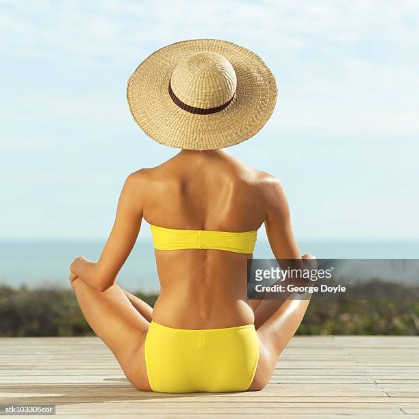 rear view of woman sitting in a bikini wearing a straw hat - hat stock-fotos und bilder