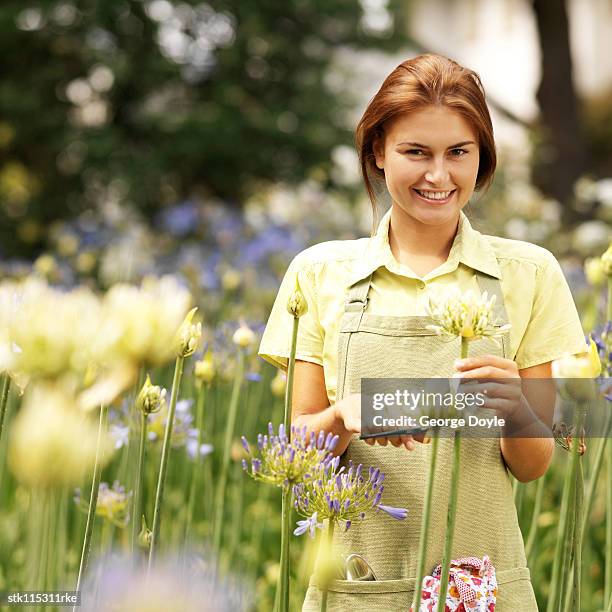 portrait of a young woman gardening - temperate flower stockfoto's en -beelden