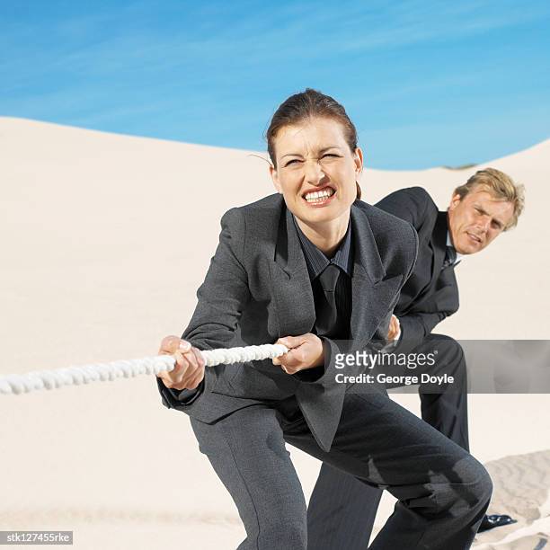 businesspeople playing tug of war in desert - war stock-fotos und bilder