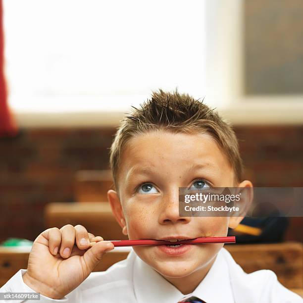 portrait of a young boy at school holding a pencil in his mouth - richard grieco hosts opening night gala for his one man art exhibit sanctum of a dreamer stockfoto's en -beelden