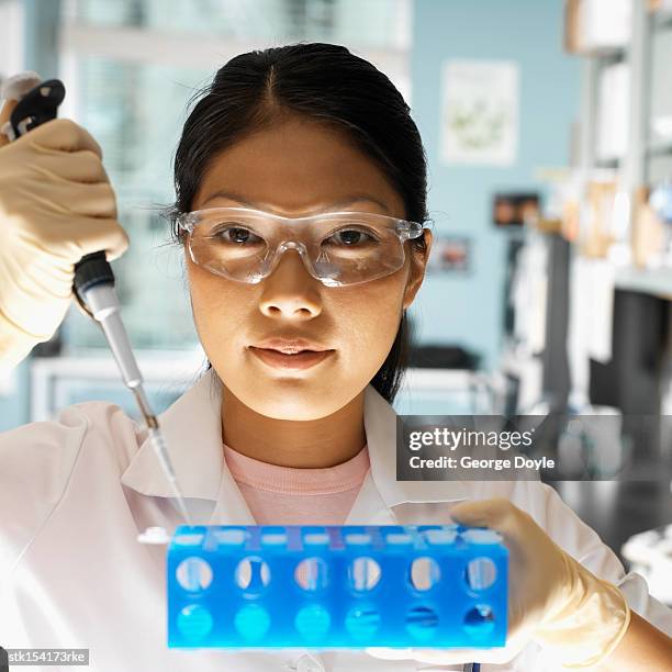 portrait of young female microbiologist using a dropper - reageerbuisrek stockfoto's en -beelden