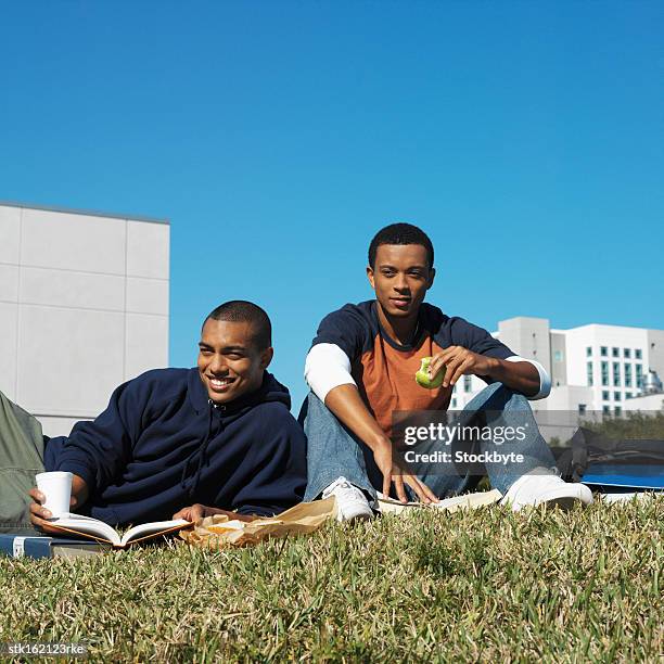 two young men sitting on a lawn studying - university student picnic stock pictures, royalty-free photos & images