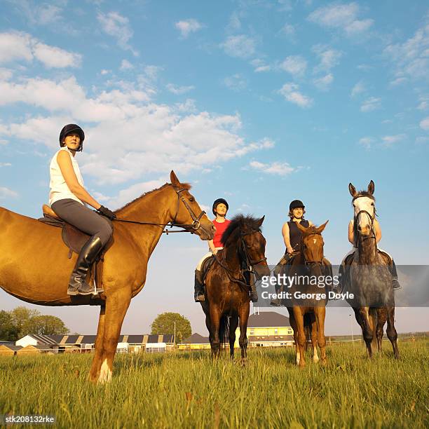 low angle view of women riding horses - low rider bildbanksfoton och bilder