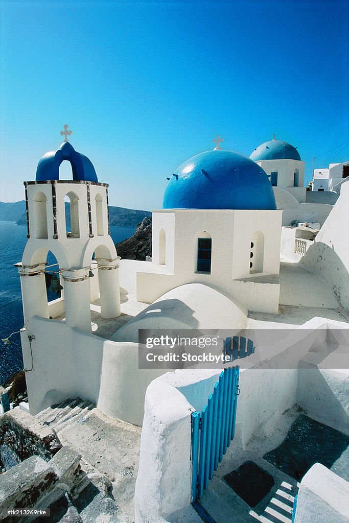 Blue domes in the village of Oia Santorini, the Cyclades, Greece