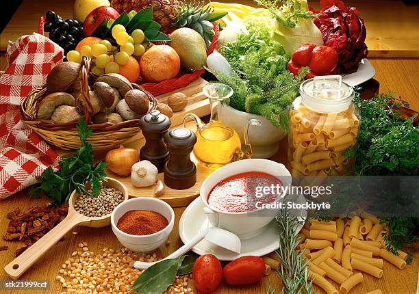 high angle view of ingredients for making pastas and sauces - plant stage stock pictures, royalty-free photos & images