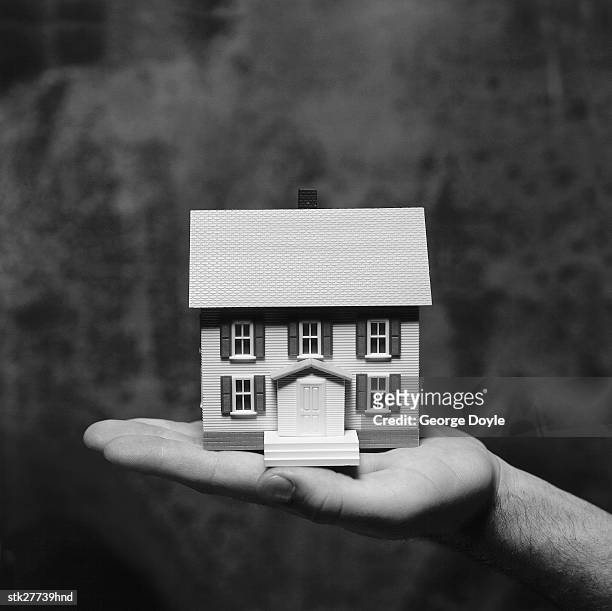 black and white close-up of a miniature house kept of on the palm of a hand - president obama speaks in the east room of white house on efforts to reduce gun violence stockfoto's en -beelden