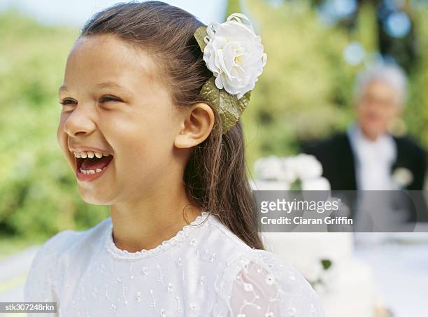close-up of a bridesmaid laughing - girl 11 12 laughing close up foto e immagini stock