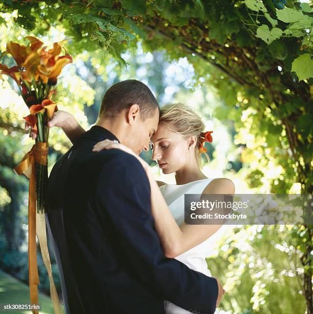 newlywed couple embracing each other on a lawn - other stock-fotos und bilder