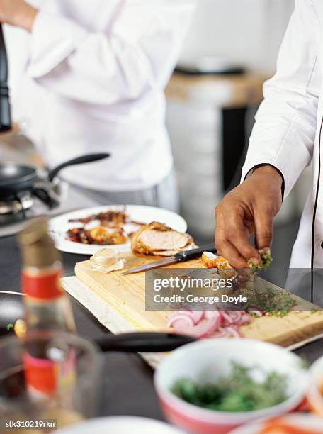 mid section view of two chefs cooking food in the kitchen - the kitchen bildbanksfoton och bilder