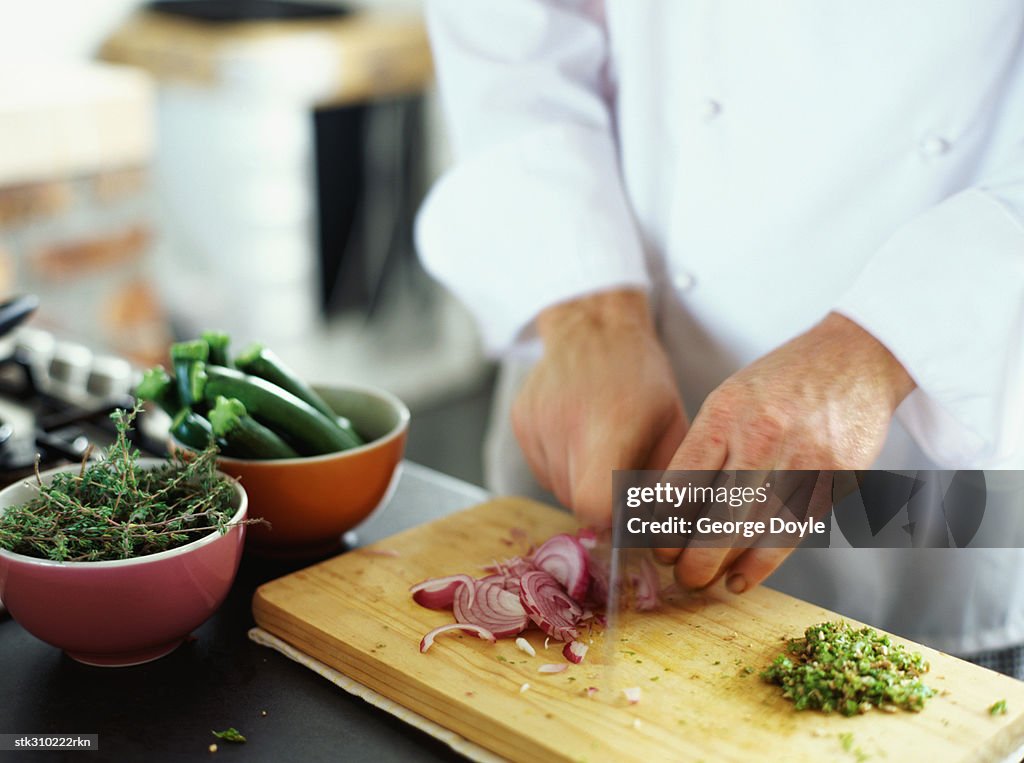 Mid section view of a chef chopping onions in the kitchen