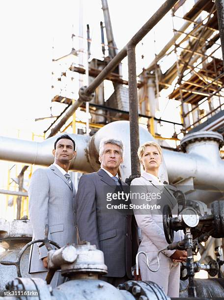 low angle view of two businessmen and a businesswoman standing at an oil refinery - 50 meter stock pictures, royalty-free photos & images