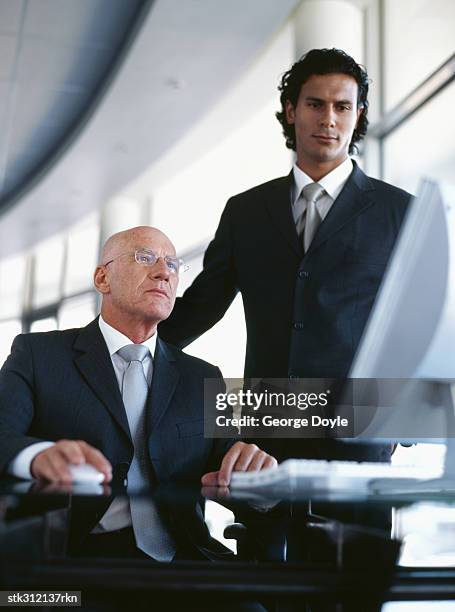 low angle view of two businessmen using a computer - hairless mouse stock pictures, royalty-free photos & images