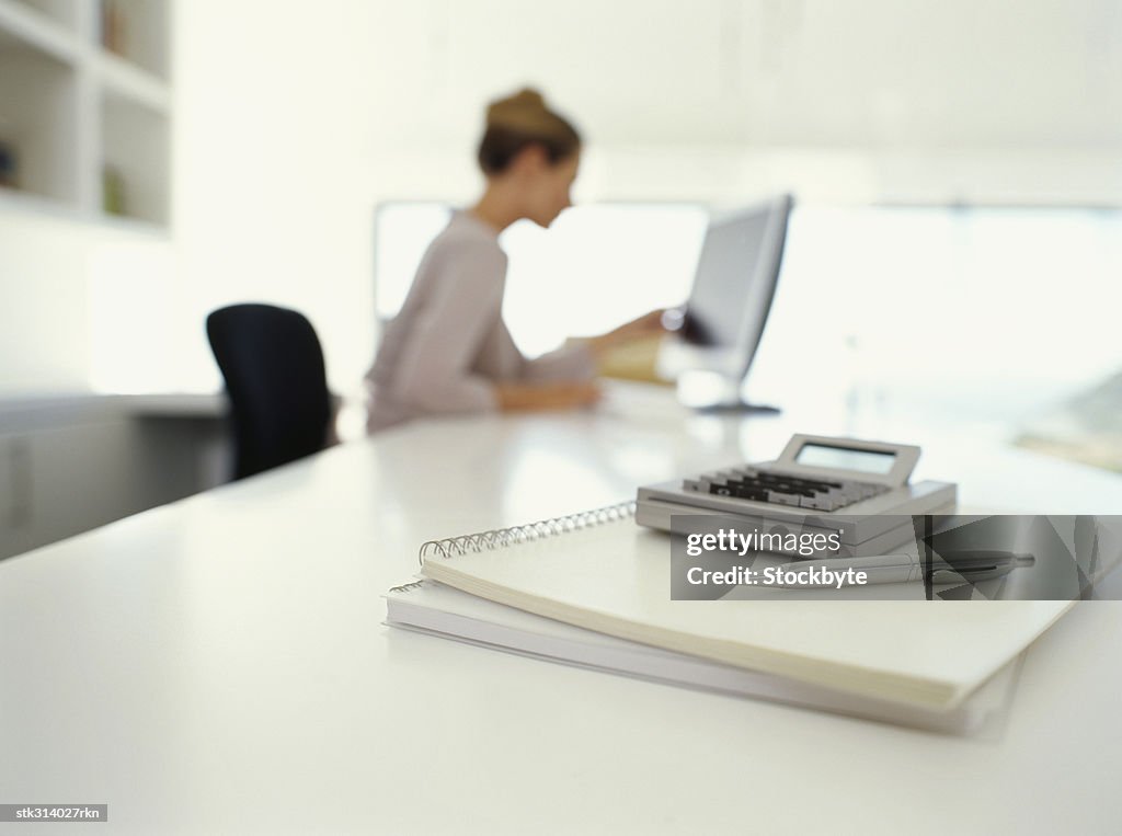 Side profile of a woman working on a computer in an office