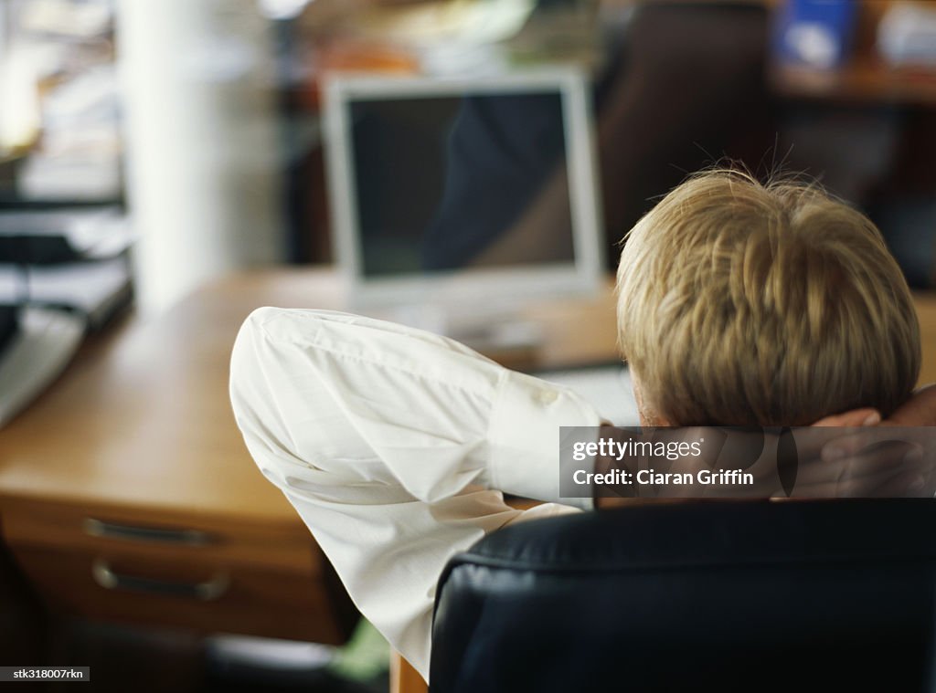 Rear view of a businessman sitting in front of a computer in an office