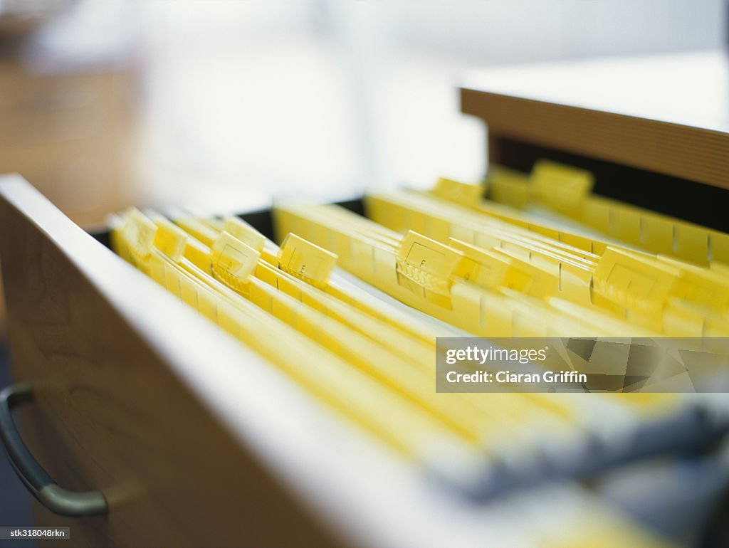 Close-up of files in an open drawer in an office