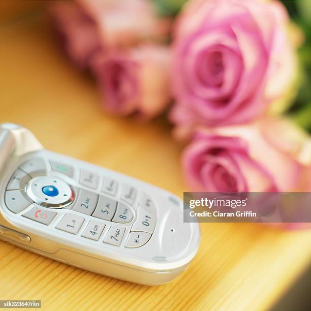 high angle view of a mobile phone and roses on a table - rosaceae stock pictures, royalty-free photos & images