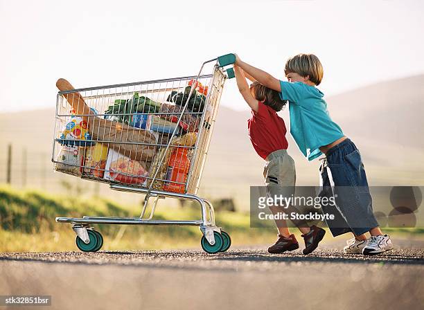 two young children pushing a shopping cart with groceries - gestalt stock-fotos und bilder