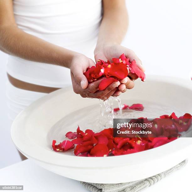 close-up of a woman's hands taking rose petals from a basin - basin ストックフォトと画像