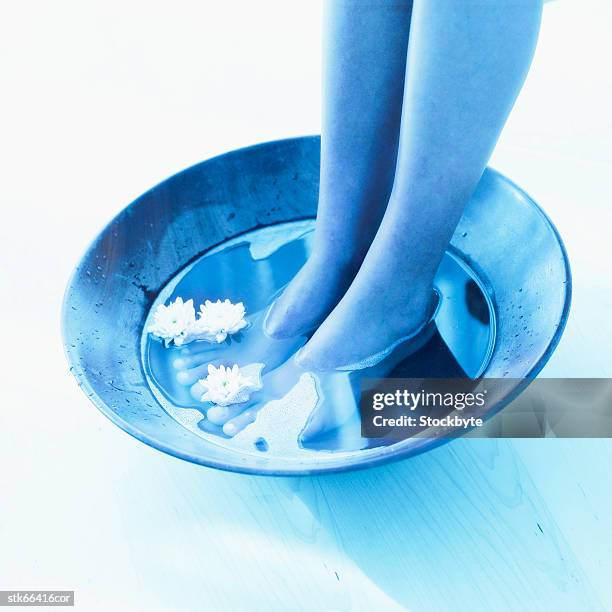 woman's feet in a bowl of water - lily family stock-fotos und bilder