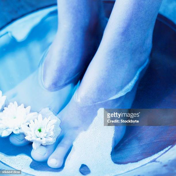woman's feet in a bowl of water - temperate flowers stock-fotos und bilder
