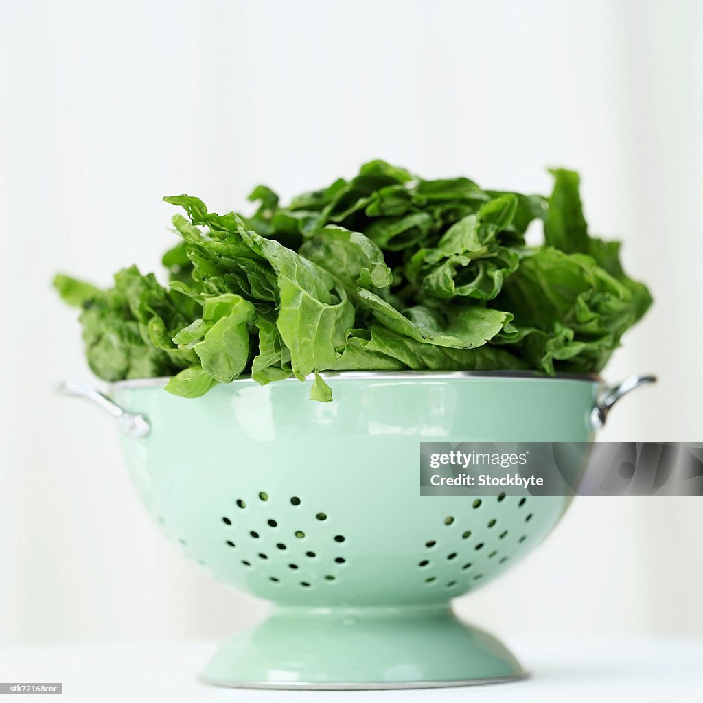 A metal colander with green leaves