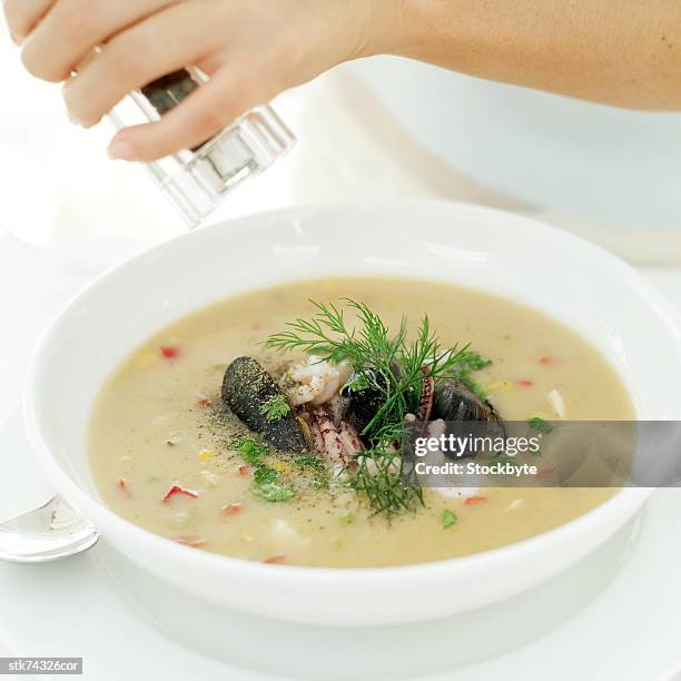 close-up of a woman's hands grinding a pepper mill over a bowl of seafood soup - pepper mill - fotografias e filmes do acervo