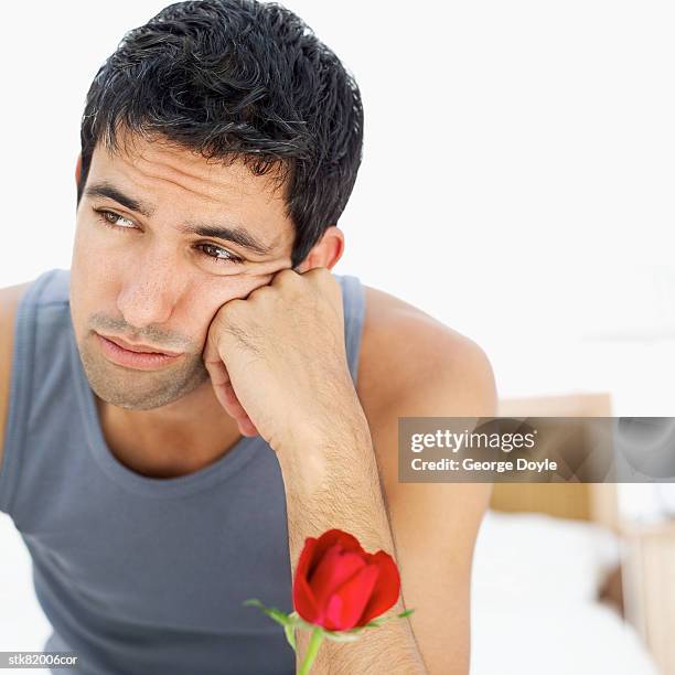 close-up of a man holding a single red rose - rosaceae stock pictures, royalty-free photos & images