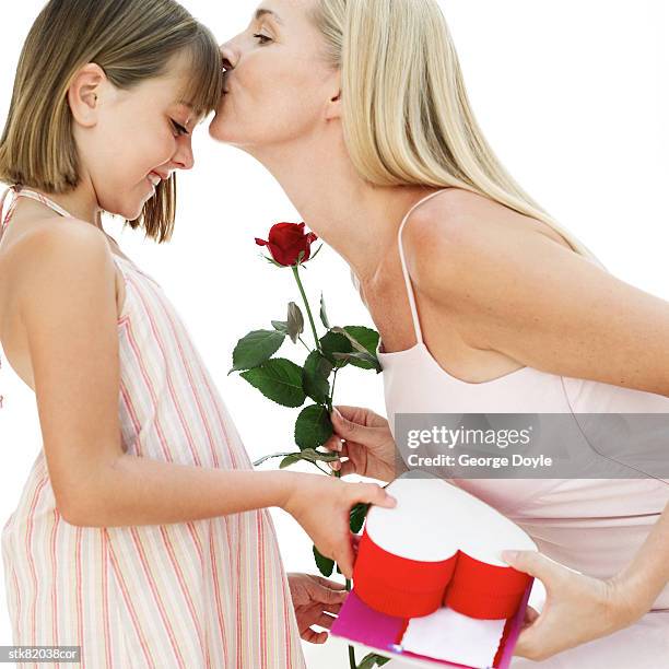 portrait of a mother kissing her daughter for a present and red rose - magnoliopsida bildbanksfoton och bilder