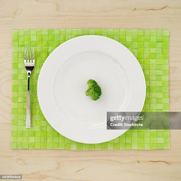 view of a dinner plate on a mat with piece of broccoli on it - cruciferae stockfoto's en -beelden