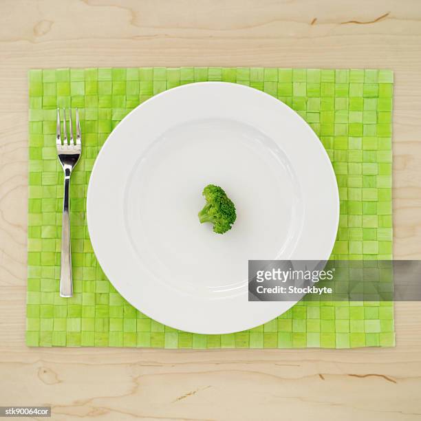 view of a dinner plate on a mat with piece of broccoli on it - crucifers stock pictures, royalty-free photos & images