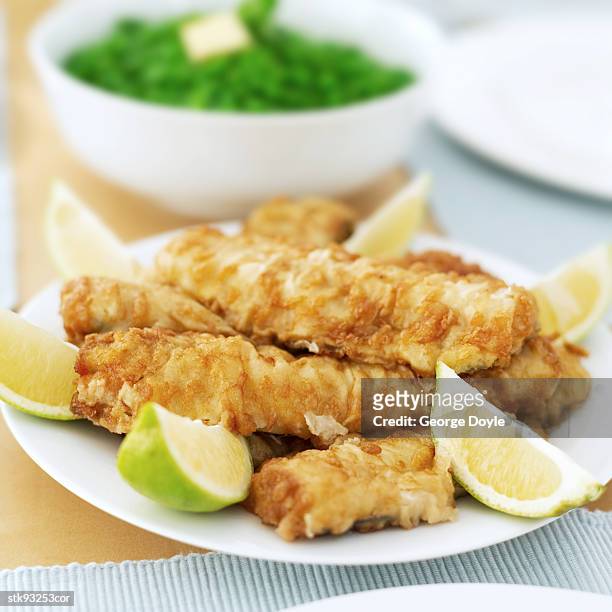 close-up of a plate of fried appetizers and lemon wedges - magnoliopsida foto e immagini stock