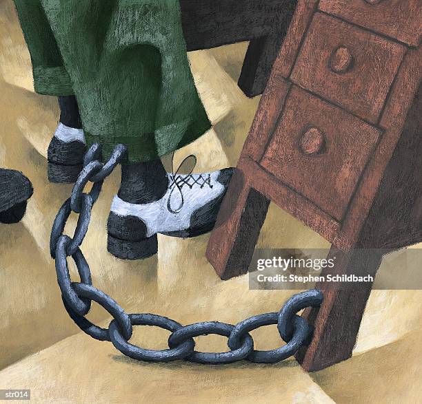 man chained to desk - stehen stock illustrations